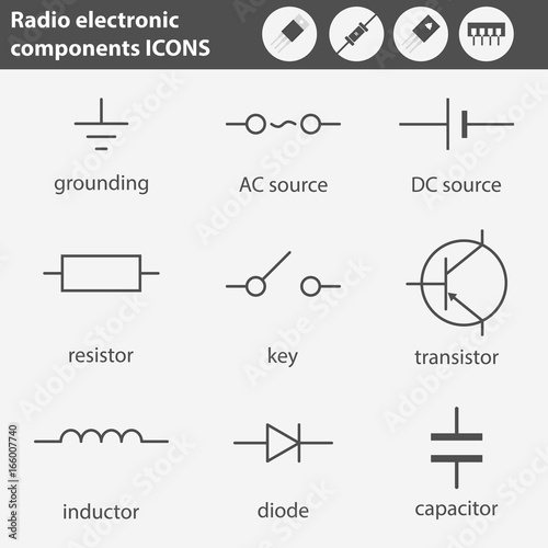 Electronic components line gray icons set of 20