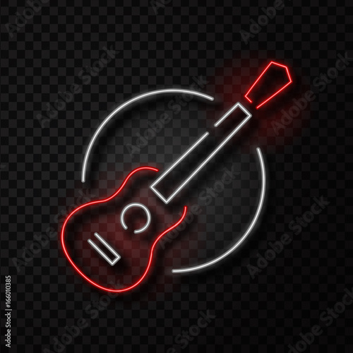 Vector realistic isolated neon retro sign of guitar on the transparent background for decoration and covering. Concept of music shop, dj, musical pub and rock concert.