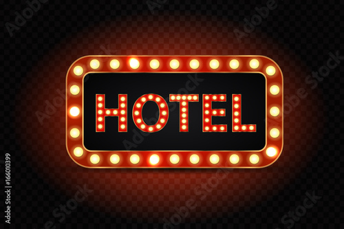 Vector realistic isolated neon hotel sign billboard for decoration and covering on the transparent background.