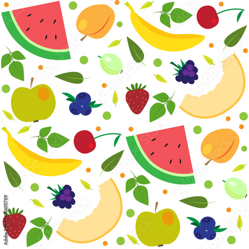 Vector seamless pattern of colorful fruits and berries.