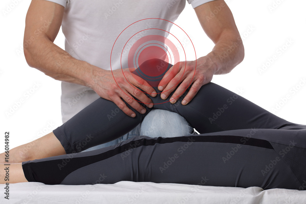 Woman having chiropractic adjustment, healing treatment. Osteopathy, manual therapy, acupressure. Alternative medicine, pain relief concept. Rehabilitation after sport Injury, isolated on white.