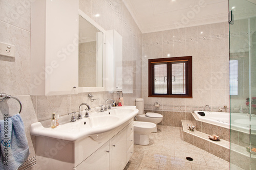 A modern bathroom with a shower area and a bathtub including a wall mirror