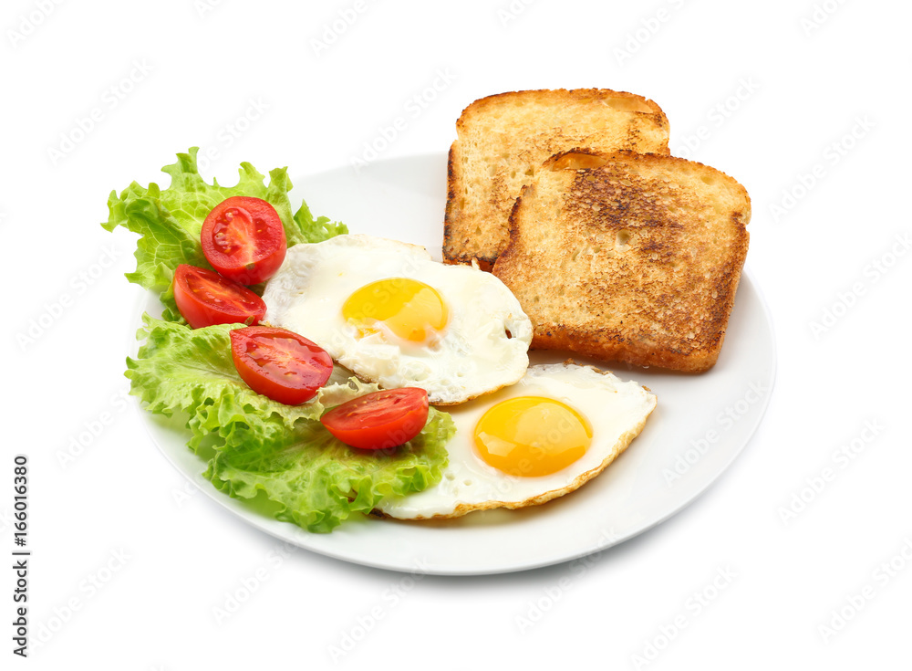 Tasty breakfast with fried eggs on white background Tasty breakfast with fried eggs on white background