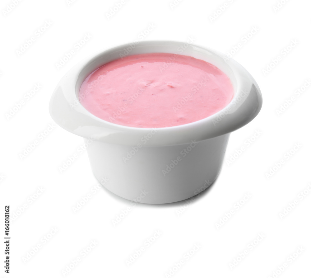 Homemade strawberry yogurt in bowl on white background Homemade strawberry yogurt in bowl on white background
