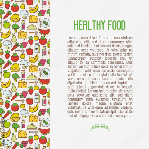 Organic food concept with thin line icons of fresh natural products, vegetarian groceries. Vector illustration for banner, web page about healthy nutrition.