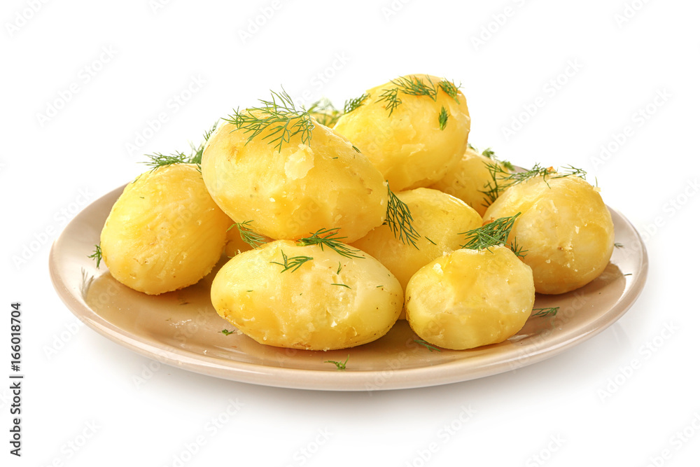Plate with boiled potatoes on white background