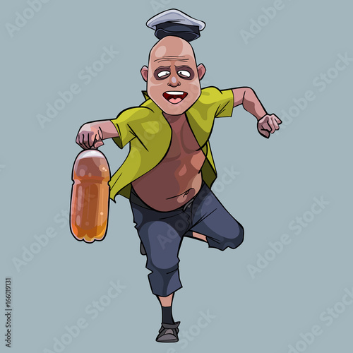 Cartoon funny man running with a plastic bottle in his hand