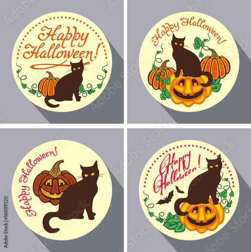 Set of round buttons with black cat, flying bats, pumpkin and hand drawn text "Happy Halloween!" Original design element for greeting cards, invitations, prints. Vector clip art.