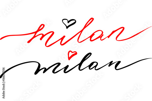 Milan. Handwritten black text isolated on white background, vector.
