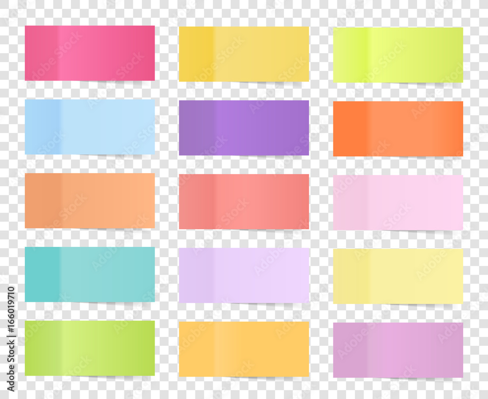 Post note sticker set isolated on transparent background. Paper sticky tape with shadow. Vector office color post sticks for advertising design. Post note sticker set isolated on transparent background. Paper sticky tape with shadow. Vector office color post sticks for advertising design.