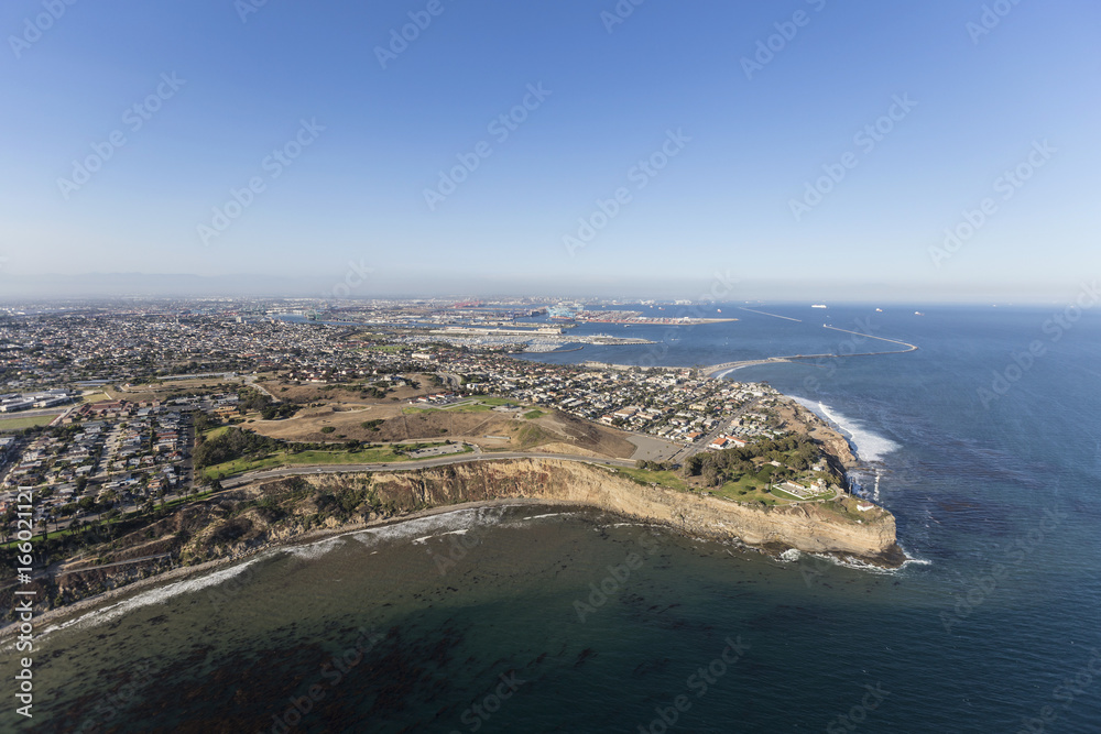 Aerial view of the San Pedro pacific ocean coast in Los Angeles, California.