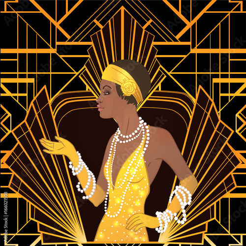 Retro fashion: glamour girl of twenties (African American woman). Vector illustration. Flapper  20's style. Vintage party invitation design template.