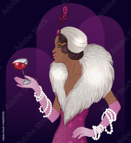 Retro fashion: glamour girl of twenties (African American woman). Vector illustration. Flapper  20's style. Vintage party invitation design template.