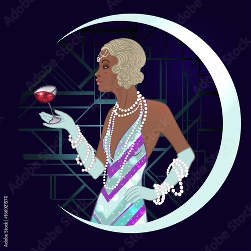 Retro fashion: glamour girl of twenties (African American woman). Vector illustration. Flapper  20's style. Vintage party invitation design template.