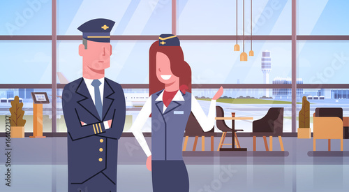 Pilot And Stewardess In Airport Airline Crew Workers Team Flat Vector Illustration