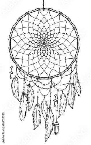 Hand drawn Native American Indian talisman dreamcatcher with feathers and moon. Vector hipster illustration isolated on white. Ethnic design, boho chic, tribal symbol.