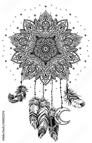 Native American Indian talisman dream catcher with Metatrons Cube, Flower of life, feathers, moon. Vector hipster illustration isolated on white.