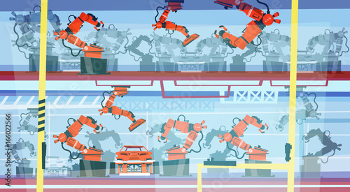 Factory Production Smart Conveyor, Robotic Assembly Line Industrial Automation Industry Flat Vector Illustration
