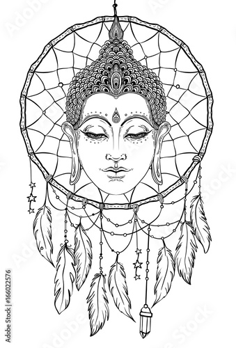Buddha face over dreamcatcher round pattern. Esoteric vintage vector illustration. Indian, Buddhism, spiritual ar Ethnic design, boho chic, tribal symbol.