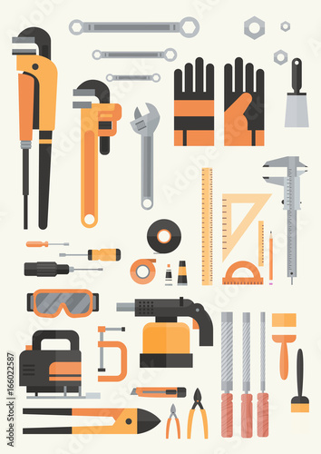 Set Of Repair And Construction Working Hand Tools, Equipment Collection Flat Vector Illustration