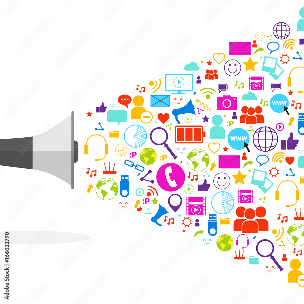 Megaphone Social Media Icons On White Background Network Communication Concept Vector Illustration Megaphone Social Media Icons On White Background Network Communication Concept Vector Illustration