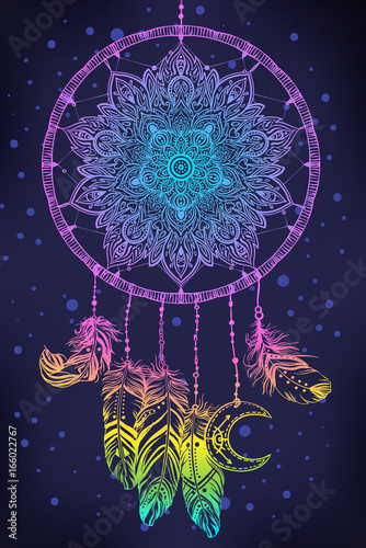 Hand drawn Native American Indian talisman dreamcatcher with feathers and moon. Vector hipster illustration isolated on white. Ethnic design, boho chic, tribal symbol.