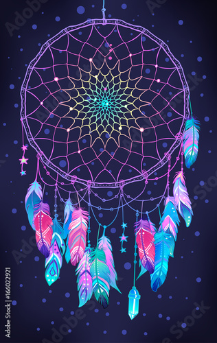 Hand drawn Native American Indian talisman dreamcatcher with feathers and moon. Vector hipster illustration isolated on white. Ethnic design, boho chic, tribal symbol. 