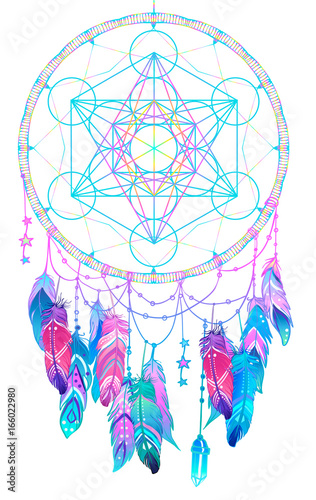 Hand drawn Native American Indian talisman dreamcatcher with feathers and moon. Vector hipster illustration isolated on white. Ethnic design, boho chic, tribal symbol. 