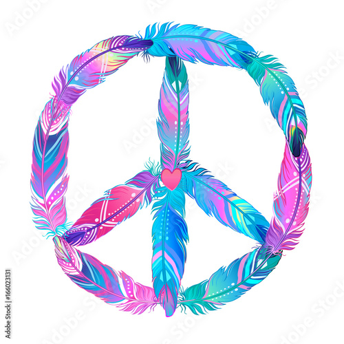 Peace sign made of colored bird feathers. Hippie symbol. Sixties Boho Style. Tribal Native American Indians Motifs. Vector illustration.