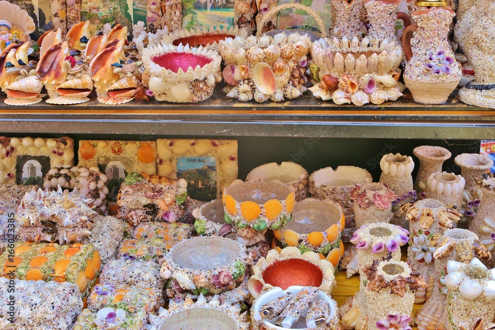 Souvenirs with mussels at a souvenir stall in the old city of Bar,  Montenegro, Balkan countries, South-Eastern Europe. Stock Photo | Adobe  Stock