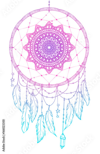 Hand drawn Native American Indian talisman dreamcatcher with feathers and moon. Vector hipster illustration isolated on white. Ethnic design, boho chic, tribal symbol.