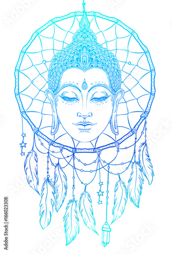 Buddha face over dreamcatcher round pattern. Esoteric vintage vector illustration. Indian, Buddhism, spiritual ar Ethnic design, boho chic, tribal symbol.