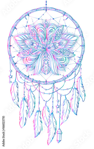 Hand drawn Native American Indian talisman dreamcatcher with feathers and moon. Vector hipster illustration isolated on white. Ethnic design, boho chic, tribal symbol.