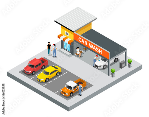 Isometric building car care wash service design background, vector illustration