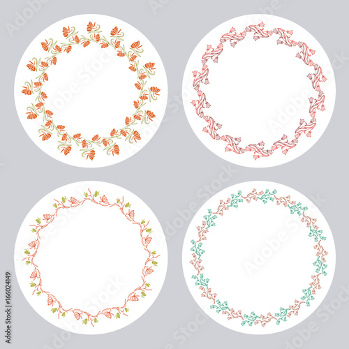 Set of silhouette round frames with floral elements. Design element for logo, banners, labels, prints, posters, web, presentation, invitations, weddings, greeting cards, albums. Vector clip art.