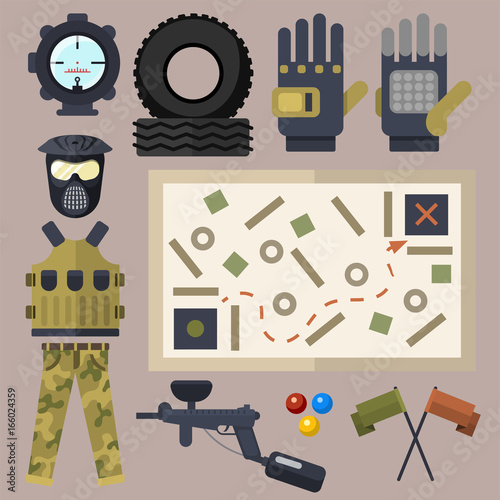 Paintball club symbols icons protection uniform and sport game design elements equipment target vector illustration