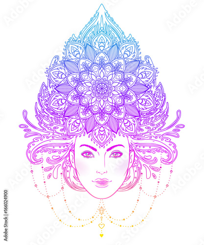 Tribal Fusion Boho Diva. Beautiful Asian divine girl with ornate crown, kokoshnik inspired. Bohemian goddess. Hand drawn elegant illustration.