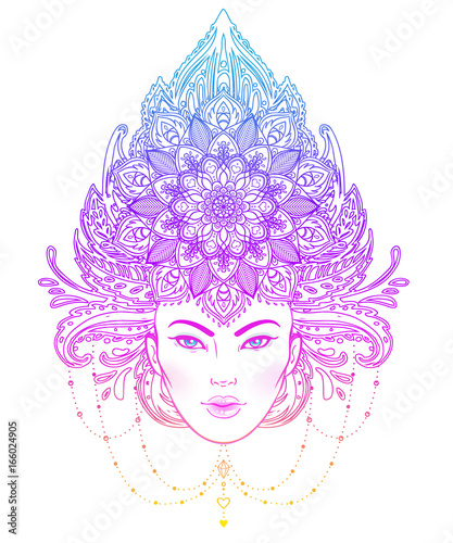 Tribal Fusion Boho Diva. Beautiful Asian divine girl with ornate crown, kokoshnik inspired. Bohemian goddess. Hand drawn elegant illustration.