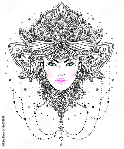 Tribal Fusion Boho Diva. Beautiful Asian divine girl with ornate crown, kokoshnik inspired. Bohemian goddess. Hand drawn elegant illustration.