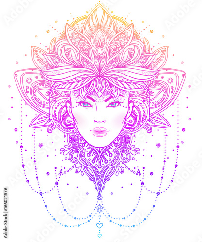 Tribal Fusion Boho Diva. Beautiful Asian divine girl with ornate crown, kokoshnik inspired. Bohemian goddess. Hand drawn elegant illustration.