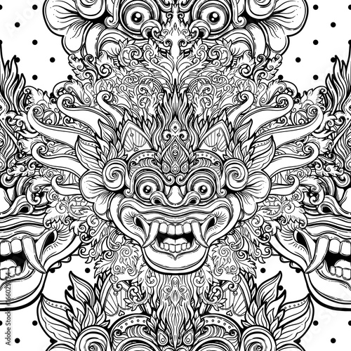Barong. Traditional ritual Balinese mask. Vector decorative ornate outline black and white seamless pattern. Hindu ethnic symbol, tattoo art, yoga, Bali spiritual design