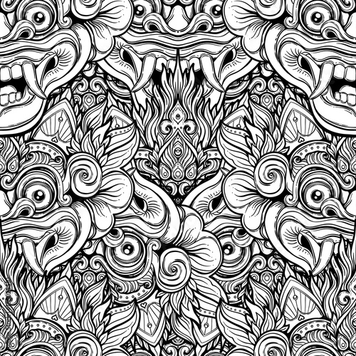 Barong. Traditional ritual Balinese mask. Vector decorative ornate outline black and white seamless pattern. Hindu ethnic symbol, tattoo art, yoga, Bali spiritual design