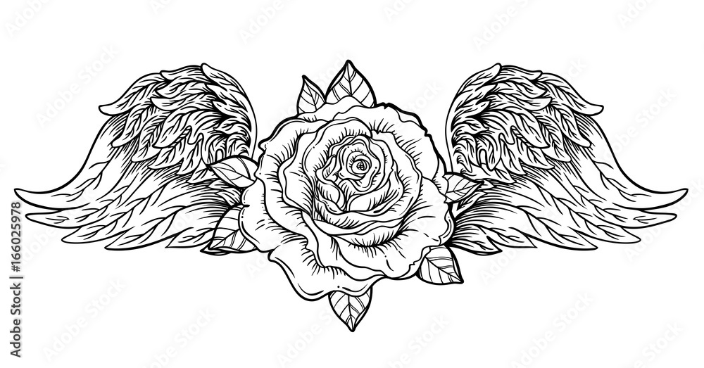 Rose flower with Angel or bird wings. Blackwork tattoo flash. Vintage  flower. Highly detailed vector illustration Stock Vector | Adobe Stock