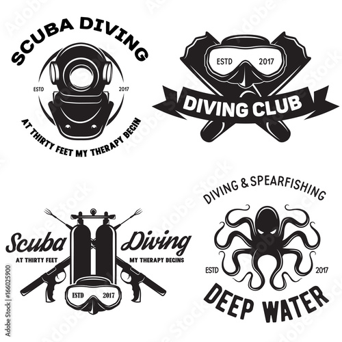Set of Scuba diving club and diving school badges with design elements. Vector illustration. Concept for shirt or logo, print, stamp or tee.