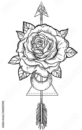 Blackwork tattoo flash. Rose flower, arrow and moon. Highly detailed vector i...