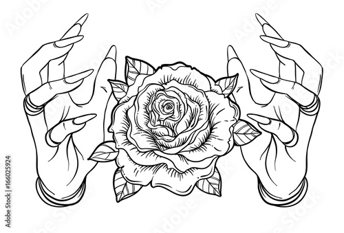 Vintage Astronomy: human hands with Blackwork tattoo. Rose flower. Highly detailed vector illustration isolated on white. Dotwork ink flash design.