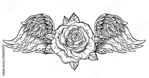Rose flower with Angel or bird wings. Blackwork tattoo flash. Vintage flower. Highly detailed vector illustration