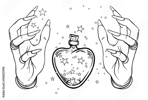 Vintage Astronomy: human hands with heat-shaped bottle or  jar with stars inside. Dotwork ink tattoo flash design. Vector illustration isolated on white.