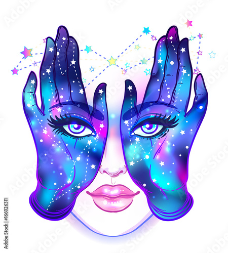 Mysterious creature with eyes on the hands. Hand drawn illustration over night sky. Occult design vector illustration.  Vector isolated on white.