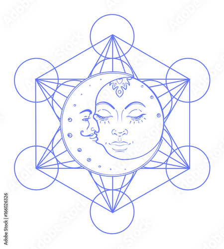 Sun Moon symbols as a face inside ornate colorful mandala. Round pattern. Vin...